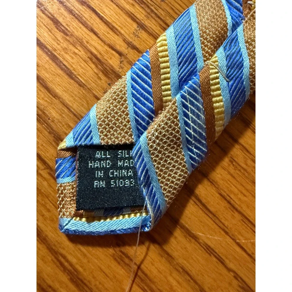 Alan Flusser 100% Silk Striped Neck Tie Orange Brown Blue EUC